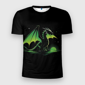 Мужская футболка 3D Slim с принтом Зеленый дракон и зеленый восход в Санкт-Петербурге, 100% полиэстер с улучшенными характеристиками | приталенный силуэт, круглая горловина, широкие плечи, сужается к линии бедра | 