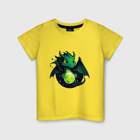 Детская футболка хлопок с принтом Зеленый дракон держит в руках земной шар в Курске, 100% хлопок | круглый вырез горловины, полуприлегающий силуэт, длина до линии бедер | Тематика изображения на принте: 