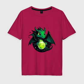 Мужская футболка хлопок Oversize с принтом Зеленый дракон держит в руках земной шар в Курске, 100% хлопок | свободный крой, круглый ворот, “спинка” длиннее передней части | 