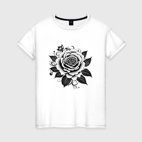 Женская футболка хлопок с принтом Роза чёрно белая в Петрозаводске, 100% хлопок | прямой крой, круглый вырез горловины, длина до линии бедер, слегка спущенное плечо | Тематика изображения на принте: 