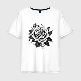 Мужская футболка хлопок Oversize с принтом Роза чёрно белая в Тюмени, 100% хлопок | свободный крой, круглый ворот, “спинка” длиннее передней части | 