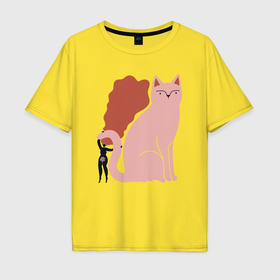 Мужская футболка хлопок Oversize с принтом Girl and cat в Кировске, 100% хлопок | свободный крой, круглый ворот, “спинка” длиннее передней части | Тематика изображения на принте: 