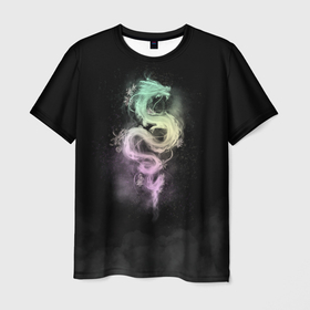 Мужская футболка 3D с принтом Китайский дракон из цветного дыма , 100% полиэфир | прямой крой, круглый вырез горловины, длина до линии бедер | Тематика изображения на принте: 