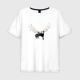 Мужская футболка хлопок Oversize с принтом Кот висит на новогодней гирлянде в Курске, 100% хлопок | свободный крой, круглый ворот, “спинка” длиннее передней части | 