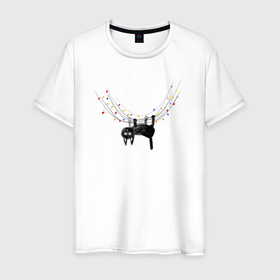 Мужская футболка хлопок с принтом Кот висит на новогодней гирлянде в Кировске, 100% хлопок | прямой крой, круглый вырез горловины, длина до линии бедер, слегка спущенное плечо. | 