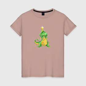 Женская футболка хлопок с принтом Дракон с гирляндой и звездой , 100% хлопок | прямой крой, круглый вырез горловины, длина до линии бедер, слегка спущенное плечо | 
