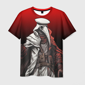Мужская футболка 3D с принтом Чумной доктор и  чёрно красный градиент в Кировске, 100% полиэфир | прямой крой, круглый вырез горловины, длина до линии бедер | 