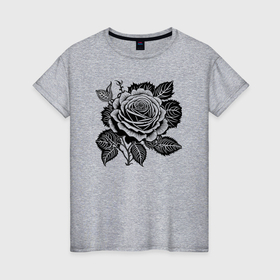 Женская футболка хлопок с принтом Чёрно белая роза в Тюмени, 100% хлопок | прямой крой, круглый вырез горловины, длина до линии бедер, слегка спущенное плечо | 