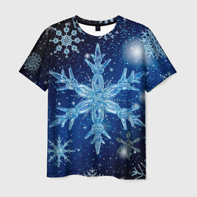 Мужская футболка 3D с принтом Новогодние снежинки кружатся в Екатеринбурге, 100% полиэфир | прямой крой, круглый вырез горловины, длина до линии бедер | Тематика изображения на принте: 