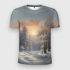 Мужская футболка 3D Slim с принтом Морозное утро в лесу , 100% полиэстер с улучшенными характеристиками | приталенный силуэт, круглая горловина, широкие плечи, сужается к линии бедра | Тематика изображения на принте: 