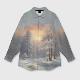 Мужская рубашка oversize 3D с принтом Морозное утро в лесу ,  |  | Тематика изображения на принте: 