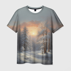Мужская футболка 3D с принтом Морозное утро в лесу , 100% полиэфир | прямой крой, круглый вырез горловины, длина до линии бедер | Тематика изображения на принте: 