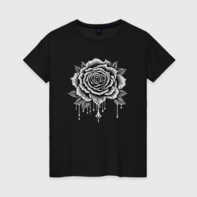 Женская футболка хлопок с принтом Черно белая роза цветы в Тюмени, 100% хлопок | прямой крой, круглый вырез горловины, длина до линии бедер, слегка спущенное плечо | 