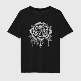 Мужская футболка хлопок Oversize с принтом Черно белая роза цветы в Кировске, 100% хлопок | свободный крой, круглый ворот, “спинка” длиннее передней части | 