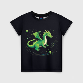 Детская футболка 3D с принтом Милый зеленый дракон в космосе в Екатеринбурге, 100% гипоаллергенный полиэфир | прямой крой, круглый вырез горловины, длина до линии бедер, чуть спущенное плечо, ткань немного тянется | 