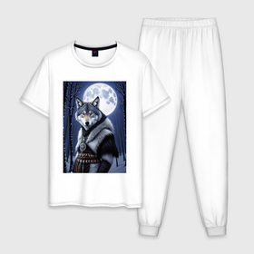 Мужская пижама хлопок с принтом Волк шаман в лесу в Курске, 100% хлопок | брюки и футболка прямого кроя, без карманов, на брюках мягкая резинка на поясе и по низу штанин
 | Тематика изображения на принте: 