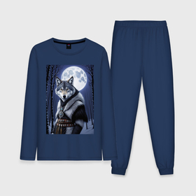 Мужская пижама с лонгсливом хлопок с принтом Волк шаман в лесу в Кировске,  |  | Тематика изображения на принте: 