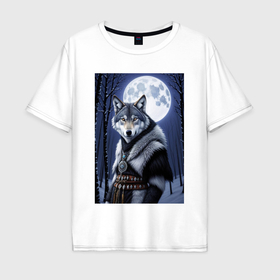 Мужская футболка хлопок Oversize с принтом Волк шаман в лесу в Курске, 100% хлопок | свободный крой, круглый ворот, “спинка” длиннее передней части | Тематика изображения на принте: 