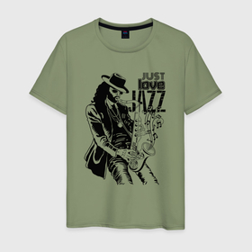Мужская футболка хлопок с принтом Just love jazz в Екатеринбурге, 100% хлопок | прямой крой, круглый вырез горловины, длина до линии бедер, слегка спущенное плечо. | 