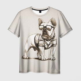 Мужская футболка 3D с принтом Французский бульдог в очках и рубашке в Белгороде, 100% полиэфир | прямой крой, круглый вырез горловины, длина до линии бедер | 