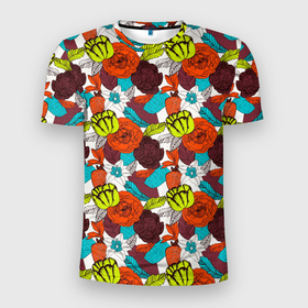 Мужская футболка 3D Slim с принтом Цветочное разноцветье в Санкт-Петербурге, 100% полиэстер с улучшенными характеристиками | приталенный силуэт, круглая горловина, широкие плечи, сужается к линии бедра | 