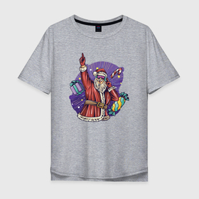 Мужская футболка хлопок Oversize с принтом Party Santa в Санкт-Петербурге, 100% хлопок | свободный крой, круглый ворот, “спинка” длиннее передней части | Тематика изображения на принте: 