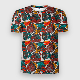 Мужская футболка 3D Slim с принтом Тропический фруктовый узор в Петрозаводске, 100% полиэстер с улучшенными характеристиками | приталенный силуэт, круглая горловина, широкие плечи, сужается к линии бедра | 
