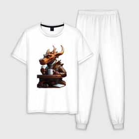 Мужская пижама хлопок с принтом Кофе брейк дракона в Петрозаводске, 100% хлопок | брюки и футболка прямого кроя, без карманов, на брюках мягкая резинка на поясе и по низу штанин
 | Тематика изображения на принте: 