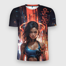 Мужская футболка 3D Slim с принтом Атлетичная девушка в Петрозаводске, 100% полиэстер с улучшенными характеристиками | приталенный силуэт, круглая горловина, широкие плечи, сужается к линии бедра | 