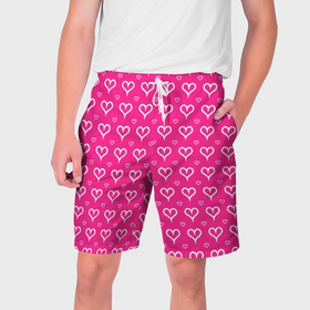Мужские шорты 3D с принтом Сердечки паттерн насыщенный розовый в Кировске,  полиэстер 100% | прямой крой, два кармана без застежек по бокам. Мягкая трикотажная резинка на поясе, внутри которой широкие завязки. Длина чуть выше колен | 