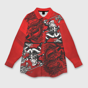 Мужская рубашка oversize 3D с принтом Дед Мороз самурай с катаной и драконом ,  |  | 