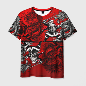 Мужская футболка 3D с принтом Дед Мороз самурай с катаной и драконом в Тюмени, 100% полиэфир | прямой крой, круглый вырез горловины, длина до линии бедер | 