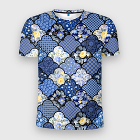 Мужская футболка 3D Slim с принтом Цветочный лоскутный коллаж в Новосибирске, 100% полиэстер с улучшенными характеристиками | приталенный силуэт, круглая горловина, широкие плечи, сужается к линии бедра | 