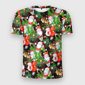 Мужская футболка 3D Slim с принтом Деды Морозы с подарками в Екатеринбурге, 100% полиэстер с улучшенными характеристиками | приталенный силуэт, круглая горловина, широкие плечи, сужается к линии бедра | Тематика изображения на принте: 