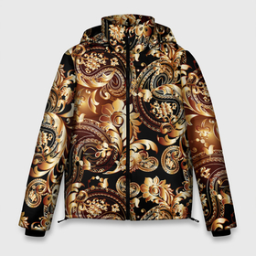 Мужская зимняя куртка 3D с принтом Пейсли золотые узоры в Новосибирске, верх — 100% полиэстер; подкладка — 100% полиэстер; утеплитель — 100% полиэстер | длина ниже бедра, свободный силуэт Оверсайз. Есть воротник-стойка, отстегивающийся капюшон и ветрозащитная планка. 

Боковые карманы с листочкой на кнопках и внутренний карман на молнии. | 