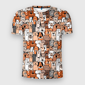 Мужская футболка 3D Slim с принтом Собаки и коты разных пород в Екатеринбурге, 100% полиэстер с улучшенными характеристиками | приталенный силуэт, круглая горловина, широкие плечи, сужается к линии бедра | Тематика изображения на принте: 