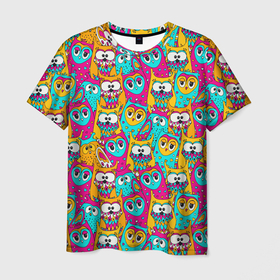 Мужская футболка 3D с принтом Разноцветные совы в Петрозаводске, 100% полиэфир | прямой крой, круглый вырез горловины, длина до линии бедер | Тематика изображения на принте: 