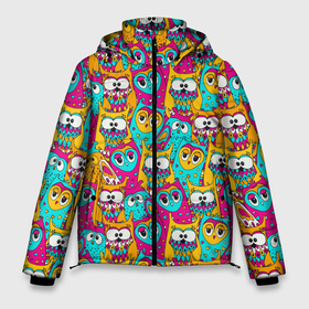 Мужская зимняя куртка 3D с принтом Разноцветные совы в Тюмени, верх — 100% полиэстер; подкладка — 100% полиэстер; утеплитель — 100% полиэстер | длина ниже бедра, свободный силуэт Оверсайз. Есть воротник-стойка, отстегивающийся капюшон и ветрозащитная планка. 

Боковые карманы с листочкой на кнопках и внутренний карман на молнии. | 