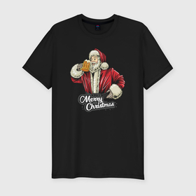 Мужская футболка хлопок Slim с принтом Санта с кружкой пива в Белгороде, 92% хлопок, 8% лайкра | приталенный силуэт, круглый вырез ворота, длина до линии бедра, короткий рукав | Тематика изображения на принте: 