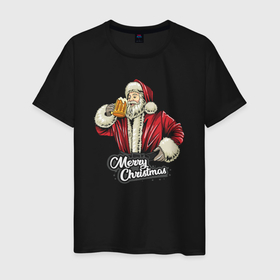 Мужская футболка хлопок с принтом Санта с кружкой пива в Белгороде, 100% хлопок | прямой крой, круглый вырез горловины, длина до линии бедер, слегка спущенное плечо. | Тематика изображения на принте: 