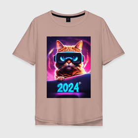Мужская футболка хлопок Oversize с принтом Новогодний кот 2024 в Екатеринбурге, 100% хлопок | свободный крой, круглый ворот, “спинка” длиннее передней части | Тематика изображения на принте: 