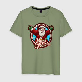 Мужская футболка хлопок с принтом Радостный Санта в Кировске, 100% хлопок | прямой крой, круглый вырез горловины, длина до линии бедер, слегка спущенное плечо. | 