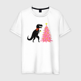 Мужская футболка хлопок с принтом Динозавр украшает ёлку в Санкт-Петербурге, 100% хлопок | прямой крой, круглый вырез горловины, длина до линии бедер, слегка спущенное плечо. | 