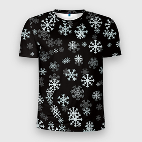 Мужская футболка 3D Slim с принтом Снежинки белые на черном в Белгороде, 100% полиэстер с улучшенными характеристиками | приталенный силуэт, круглая горловина, широкие плечи, сужается к линии бедра | 