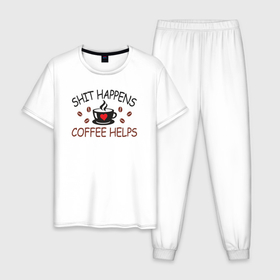 Мужская пижама хлопок с принтом Дерьмо случается кофе спасает в Курске, 100% хлопок | брюки и футболка прямого кроя, без карманов, на брюках мягкая резинка на поясе и по низу штанин
 | Тематика изображения на принте: 
