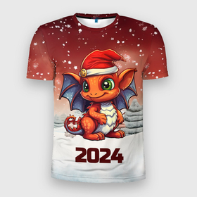 Мужская футболка 3D Slim с принтом Символ нового 2024 года маленький дракон в Екатеринбурге, 100% полиэстер с улучшенными характеристиками | приталенный силуэт, круглая горловина, широкие плечи, сужается к линии бедра | 