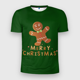 Мужская футболка 3D Slim с принтом Пряничный человечек желает счастливого рождества в Екатеринбурге, 100% полиэстер с улучшенными характеристиками | приталенный силуэт, круглая горловина, широкие плечи, сужается к линии бедра | 