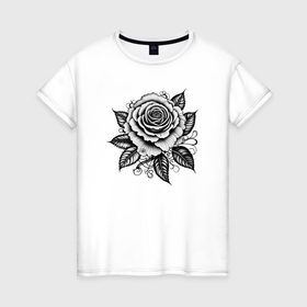 Женская футболка хлопок с принтом Чёрно белая роза в Петрозаводске, 100% хлопок | прямой крой, круглый вырез горловины, длина до линии бедер, слегка спущенное плечо | Тематика изображения на принте: 