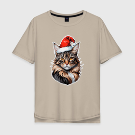 Мужская футболка хлопок Oversize с принтом Кот породы Мейн кун в новогодней шапке в Тюмени, 100% хлопок | свободный крой, круглый ворот, “спинка” длиннее передней части | Тематика изображения на принте: 