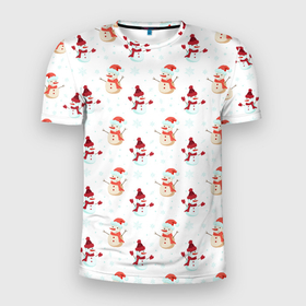 Мужская футболка 3D Slim с принтом Снеговики и снежинки в Тюмени, 100% полиэстер с улучшенными характеристиками | приталенный силуэт, круглая горловина, широкие плечи, сужается к линии бедра | 